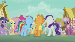 Size: 500x281 | Tagged: safe, screencap, applejack, cheerilee, diamond tiara, first base, fluttershy, peach fuzz, pinkie pie, pipsqueak, rainbow dash, rarity, snails, snips, spike, twilight sparkle, alicorn, earth pony, pony, unicorn, crusaders of the lost mark, g4, animated, colt, discovery family, discovery family logo, female, gritted teeth, incoming, looking at you, male, mane seven, mane six, mare, nose in the air, noses in the air, raised hoof, raised hooves, singing, sisters, twilight sparkle (alicorn), volumetric mouth, we'll make our mark