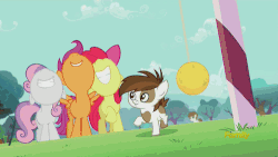 Size: 500x281 | Tagged: safe, screencap, apple bloom, diamond tiara, pipsqueak, scootaloo, super funk, sweetie belle, earth pony, pony, crusaders of the lost mark, g4, animated, colt, cutie mark crusaders, discovery family, discovery family logo, gif, male, tetherball