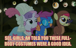 Size: 703x448 | Tagged: safe, screencap, apple bloom, scootaloo, sweetie belle, platypus, crusaders of the lost mark, g4, scare master, bloodshot eyes, clothes, costume, cutie mark crusaders, hilarious in hindsight, image macro, marie antoinette, meme, meta, victorian dress, wonderbolts uniform