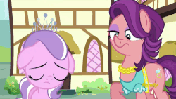 Size: 500x281 | Tagged: safe, screencap, diamond tiara, spoiled rich, earth pony, pony, crusaders of the lost mark, g4, animated, cute, diamondbetes, discovery family, discovery family logo, duo, duo female, female, filly, floppy ears, mare, mother, mother and child, mother and daughter, raised eyebrow, scared