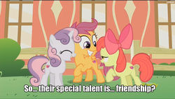 Size: 1280x724 | Tagged: safe, screencap, apple bloom, scootaloo, sweetie belle, crusaders of the lost mark, g4, cutie mark crusaders, image macro, meme, the cmc's cutie marks