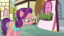 Size: 500x281 | Tagged: safe, screencap, diamond tiara, randolph, spoiled rich, crusaders of the lost mark, g4, animated, balloon, butler, clothes, crushing, discovery family, discovery family logo, female, maid, male, raised eyebrow, shocked, squished, statue