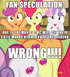 Size: 608x664 | Tagged: safe, edit, edited screencap, screencap, apple bloom, scootaloo, sweetie belle, crusaders of the lost mark, g4, circle, cutie mark, cutie mark crusaders, discovery family logo, image macro, meme, prediction, speculation, the cmc's cutie marks, wrong