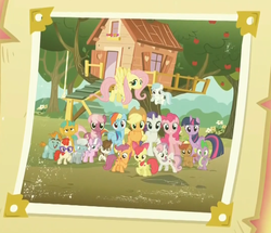Size: 1068x917 | Tagged: safe, screencap, apple bloom, applejack, button mash, cheerilee, cotton cloudy, diamond tiara, fluttershy, pinkie pie, pipsqueak, rainbow dash, rarity, scootaloo, silver spoon, snails, snips, spike, sweetie belle, twilight sparkle, twist, alicorn, earth pony, pony, crusaders of the lost mark, g4, clubhouse, colt, crusaders clubhouse, cutie mark crusaders, female, filly, friendship report, group photo, liquid button, male, mane seven, mane six, mare, the cmc's cutie marks, twilight sparkle (alicorn)