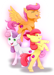 Size: 2000x2800 | Tagged: dead source, safe, artist:oraura, apple bloom, scootaloo, sweetie belle, earth pony, pegasus, pony, unicorn, crusaders of the lost mark, g4, apple bloom's bow, backwards cutie mark, bow, cutie mark crusaders, female, filly, foal, gritted teeth, hair bow, high res, open mouth, open smile, rearing, simple background, smiling, spread wings, teeth, that was fast, the cmc's cutie marks, white background, wings