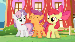 Size: 640x360 | Tagged: safe, screencap, apple bloom, scootaloo, sweetie belle, earth pony, pegasus, pony, unicorn, crusaders of the lost mark, g4, animated, caption, cutie mark crusaders, female, filly, smiling, subtitles