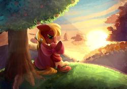 Size: 1706x1200 | Tagged: safe, artist:scootiebloom, apple bloom, big macintosh, earth pony, pony, brotherhooves social, g4, season 5, apple tree, backlighting, brother and sister, equestria's best big brother, featured image, female, filly, male, scene interpretation, siblings, sitting, stallion, sunset, tree