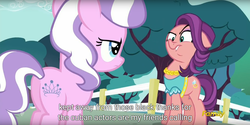 Size: 1920x960 | Tagged: safe, edit, edited screencap, screencap, diamond tiara, spoiled rich, earth pony, pony, crusaders of the lost mark, g4, butt, caption, female, filly, mare, meme, mother and child, mother and daughter, out of character, plot, racism, youtube caption