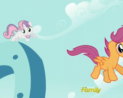 Size: 641x510 | Tagged: safe, screencap, scootaloo, sweetie belle, pegasus, pony, unicorn, crusaders of the lost mark, g4, animation error, are you frustrated?, cloud, discovery family logo, female, filly, foal, necc, scoota girrash, sky, sky background