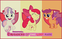 Size: 1280x800 | Tagged: safe, artist:timexturner, apple bloom, scootaloo, sweetie belle, crusaders of the lost mark, g4, cutie mark crusaders, eyes closed, group, it happened, looking at you, open mouth, smiling, that was fast, the cmc's cutie marks, trio, wallpaper