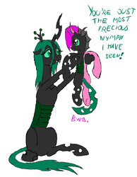 Size: 2049x2641 | Tagged: safe, artist:rexlupin, queen chrysalis, oc, oc:fantom, changeling, changeling queen, nymph, g4, cute, cutealis, cuteling, female, half changeling, high res, mommy chrissy, ocbetes, offspring, parent:princess cadance, parent:queen chrysalis, parents:cadalis, phantom of the opera