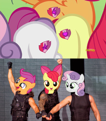 Size: 960x1100 | Tagged: safe, edit, screencap, apple bloom, scootaloo, sweetie belle, crusaders of the lost mark, g4, cutie mark, cutie mark crusaders, dean ambrose, parody, pro wrestling, roman reigns, seth rollins, the cmc's cutie marks, the shield, trio, wwe