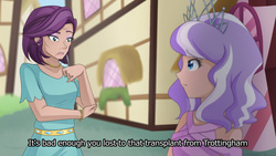 Size: 1280x721 | Tagged: safe, artist:jonfawkes, diamond tiara, spoiled rich, human, crusaders of the lost mark, g4, bracelet, caption, clothes, drama, humanized, necklace, open mouth, scene interpretation, talking