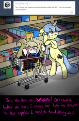 Size: 1500x2300 | Tagged: safe, artist:fullmetalpikmin, oc, oc only, oc:cherry blossom, oc:viewing pleasure, tumblr:ask viewing pleasure, ask, bored, clothes, cold, congenital amputee, medicine, red nosed, scarf, shopping cart, sick, tumblr