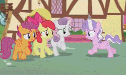 Size: 398x238 | Tagged: safe, screencap, apple bloom, diamond tiara, scootaloo, sweetie belle, crusaders of the lost mark, g4, animated, cutie mark crusaders, female, running