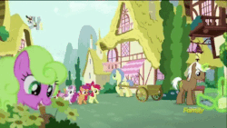 Size: 480x270 | Tagged: safe, screencap, apple bloom, cheerilee, daisy, derpy hooves, flower wishes, goldengrape, little red, mochaccino, peach fuzz, rare find, scootaloo, sir colton vines iii, snails, snips, sweetie belle, twist, earth pony, pegasus, pony, unicorn, crusaders of the lost mark, g4, animated, colt, cutie mark crusaders, discovery family logo, female, mailmare, male, mare, mouth hold, smiling, stallion