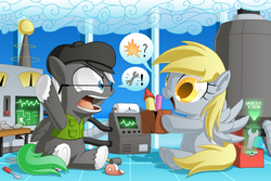 Size: 1200x800 | Tagged: safe, artist:berrypawnch, derpy hooves, oc, pegasus, pony, g4, beret, clothes, cute, derpabetes, duo, fireworks, hammer, oscilloscope, pictogram, screwdriver, tape, vest, wrench