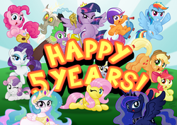 Size: 3000x2121 | Tagged: safe, artist:aleximusprime, apple bloom, applejack, derpy hooves, discord, fluttershy, pinkie pie, princess celestia, princess luna, rainbow dash, rarity, scootaloo, spike, sweetie belle, twilight sparkle, alicorn, earth pony, pegasus, pony, unicorn, g4, anniversary, cutie mark crusaders, female, filly, happy, happy birthday mlp:fim, high res, male, mane seven, mane six, mare, mlp fim's fifth anniversary, new crown, scooter, smug, twilight scepter, twilight sparkle (alicorn)