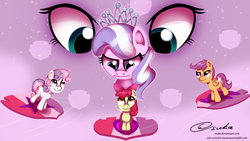 Size: 2000x1125 | Tagged: safe, artist:esuka, apple bloom, diamond tiara, scootaloo, sweetie belle, crusaders of the lost mark, g4, my little pony: friendship is magic, cutie mark crusaders, hoverboard, the cmc's cutie marks