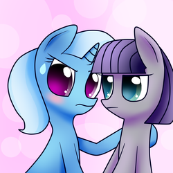 Size: 1000x1000 | Tagged: safe, artist:tarana10, maud pie, trixie, pony, unicorn, g4, blushing, female, lesbian, mare, ship:mauxie, shipping, sweatdrop