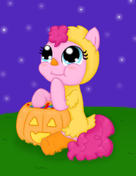 Size: 612x792 | Tagged: safe, artist:poppun, pinkie pie, g4, animal costume, candy, chicken pie, chicken suit, clothes, costume, cute, diapinkes, eating, filly, nightmare night, nightmare night costume, younger