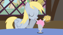 Size: 932x517 | Tagged: safe, artist:yoshigreenwater, derpy hooves, pegasus, pony, g4, animated, drinking, female, mare, milkshake, muffin, solo