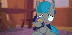 Size: 932x456 | Tagged: safe, artist:alstiff, oc, oc only, oc:gracy gloom, bat pony, pony, where are you?, animated, plushie, snuggling, solo, toy