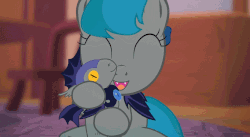 Size: 932x509 | Tagged: safe, artist:alstiff, oc, oc only, oc:gracy gloom, bat pony, pony, where are you?, animated, plushie, snuggling, solo, toy