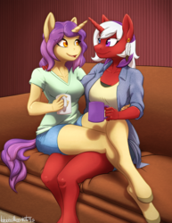 Size: 1280x1656 | Tagged: safe, artist:hobbsmeerkat, oc, oc only, oc:lavender frappe, oc:nexus of concordia, unicorn, anthro, unguligrade anthro, anthro oc, clothes, coffee, coffee mug, compression shorts, couch, cup, earring, feather, female, food, heterochromia, jacket, lesbian, piercing, shipping, shirt, shorts, sitting on lap, sports bra, tea