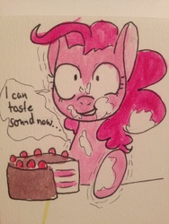 Size: 1600x2133 | Tagged: safe, artist:whale, pinkie pie, g4, cake, crazy face, dialogue, faic, female, food, frosting, solo, synesthesia, traditional art