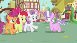 Size: 800x450 | Tagged: safe, edit, edited screencap, editor:ah96, screencap, apple bloom, diamond tiara, scootaloo, sweetie belle, crusaders of the lost mark, g4, season 5, animated, cutie mark crusaders, discovery family, discovery family logo, female, frame skipping, gif, great moments in animation, headbob, levitation, logo, running, sliding, wat