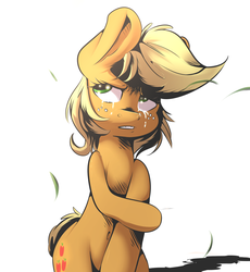 Size: 1600x1740 | Tagged: safe, artist:sourspot, applejack, pony, g4, belly button, bipedal, crying, female, sad, solo