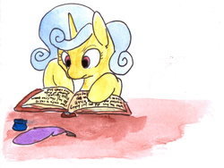 Size: 1280x960 | Tagged: safe, artist:whale, lemon hearts, pony, unicorn, g4, book, copypasta, female, index get, ink, meme, navy seal copypasta, quill, reading, solo, traditional art