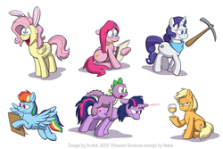 Size: 960x640 | Tagged: safe, artist:octanbearcat, applejack, fluttershy, pinkie pie, rainbow dash, rarity, spike, twilight sparkle, oc, oc:cottontail, oc:ink blot, oc:ivory, oc:prism wing, oc:sparkling cider, oc:spyke, oc:stardust nova, ultimare universe, g4, alternate universe, bedroom eyes, bunny ears, floppy ears, frown, glare, glass, hoof hold, looking at you, magic, mane seven, mane six, mouth hold, open mouth, pickaxe, sitting, smiling, spread wings, telekinesis, wide eyes