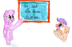 Size: 1280x840 | Tagged: safe, artist:whale, cheerilee, scootaloo, g4, chalkboard, crying, german, open mouth, pointing, traditional art