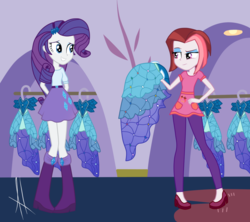Size: 1024x910 | Tagged: dead source, safe, artist:angelitus01, cayenne, rarity, canterlot boutique, equestria girls, g4, clothes, dress, duo, duo female, equestria girls interpretation, equestria girls-ified, female, hand on hip, hands behind back, looking at each other, princess dress, scene interpretation, show accurate, skirt