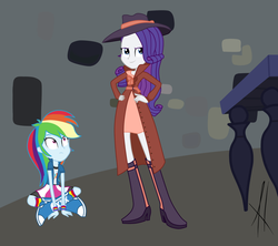 Size: 1024x910 | Tagged: dead source, safe, artist:angelitus01, rainbow dash, rarity, equestria girls, g4, rarity investigates, clothes, crossed legs, detective, detective rarity, dress, duo, equestria girls interpretation, hat, long hair, looking up, noir, scene interpretation, show accurate, sitting, skirt, wristband
