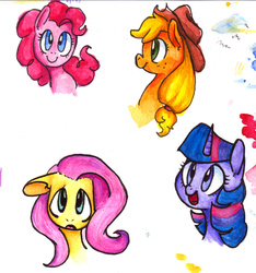 Size: 1280x1366 | Tagged: safe, artist:whale, applejack, fluttershy, pinkie pie, twilight sparkle, g4, :o, c:, cowboy hat, cute, floppy ears, hat, looking at you, open mouth, shy, smiling, stetson, traditional art, worried