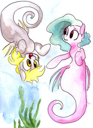 Size: 1280x1747 | Tagged: safe, artist:whale, derpy hooves, oc, oc:snowborn, merpony, g4, confused, seaweed, species swap, traditional art, underwater
