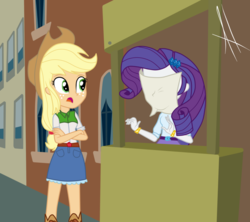 Size: 1024x910 | Tagged: dead source, safe, artist:angelitus01, applejack, rarity, equestria girls, g4, made in manehattan, clothes, covered face, cowboy hat, crossed arms, denim skirt, duo, equestria girls interpretation, flyer, freckles, hat, manehattan, open mouth, scene interpretation, show accurate, skirt, stetson, wristband