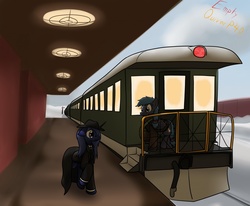Size: 1280x1057 | Tagged: safe, artist:the-furry-railfan, oc, oc only, oc:aerith, oc:night strike, alicorn, pegasus, pony, fallout equestria, fallout equestria: empty quiver, boxcar, clothes, coat, duffle bag, fedora, hat, jacket, outdoors, snow, suit, tracks, train, train station, tram