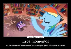 Size: 650x446 | Tagged: safe, rainbow dash, twilight sparkle, double rainboom, g4, eyes closed, female, solo, spanish, tongue out, translated in the description