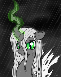 Size: 2160x2746 | Tagged: safe, artist:neko-me, queen chrysalis, changeling, changeling queen, g4, crying, female, glowing, glowing horn, high res, horn, looking at you, magic, monochrome, neo noir, partial color, rain, solo