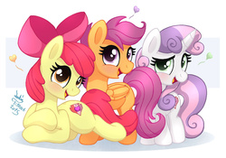 Size: 2430x1700 | Tagged: safe, artist:joakaha, apple bloom, scootaloo, sweetie belle, earth pony, pegasus, pony, unicorn, crusaders of the lost mark, g4, cutie mark crusaders, folded wings, heart, horn, it happened, open mouth, prone, the cmc's cutie marks, trio, wings