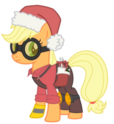 Size: 2500x2715 | Tagged: safe, artist:avastindy, applejack, g4, christmas, engineer, engineer (tf2), female, hat, high res, santa hat, simple background, solo, team fortress 2, transparent background