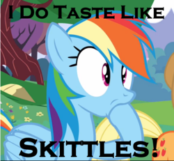 Size: 868x802 | Tagged: safe, edit, edited screencap, screencap, applejack, rainbow dash, pegasus, pony, a canterlot wedding, g4, candy, caption, female, food, hoof in mouth, image macro, mare, meme, shocked, skittles, taste the rainbow, text