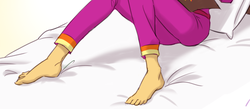 Size: 649x283 | Tagged: safe, artist:ta-na, edit, sunset shimmer, g4, barefoot, bed, clothes, cropped, feet, female, legs, pajamas, pictures of legs, solo