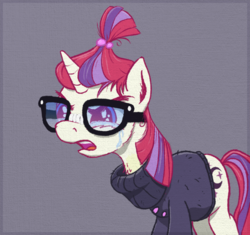 Size: 800x751 | Tagged: safe, artist:sandwichdelta, moondancer, pony, unicorn, amending fences, g4, chest fluff, clothes, crying, female, glasses, horn, mare, open mouth, sad, simple background, solo, sweater, tears of sadness