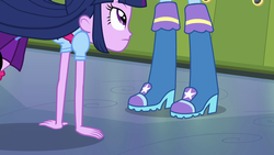 Size: 1920x1080 | Tagged: safe, screencap, trixie, twilight sparkle, equestria girls, g4, boots, clothes, floor, high heel boots, legs, lockers, pictures of legs, shoes, twilight sparkle (alicorn)