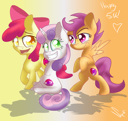 Size: 1250x1187 | Tagged: safe, artist:sintakhra, apple bloom, scootaloo, sweetie belle, earth pony, pegasus, pony, unicorn, crusaders of the lost mark, g4, bipedal, bow, crying, cutie mark crusaders, gradient background, hair bow, mlp fim's fifth anniversary, signature, smiling, the cmc's cutie marks